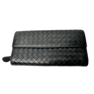 Bottega Veneta Intrecciato Woven Black Leather Long Flap Wallet